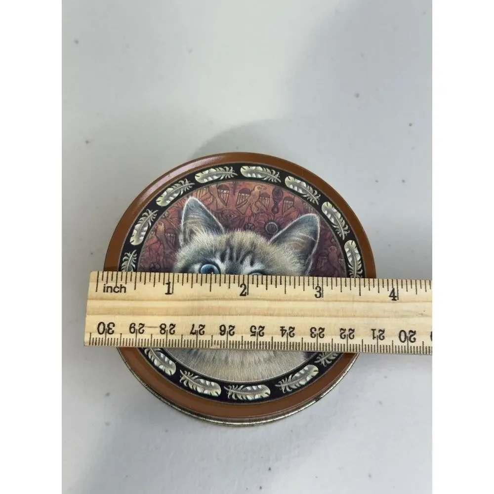 Round Tin 6 Cork Back Tin Coasters Lesley Anne Ivory Mau Mau Cats Birds 90s VTG